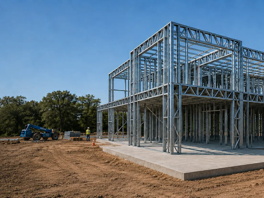 Steel frame going up on site, with a telehandler and crew alongside