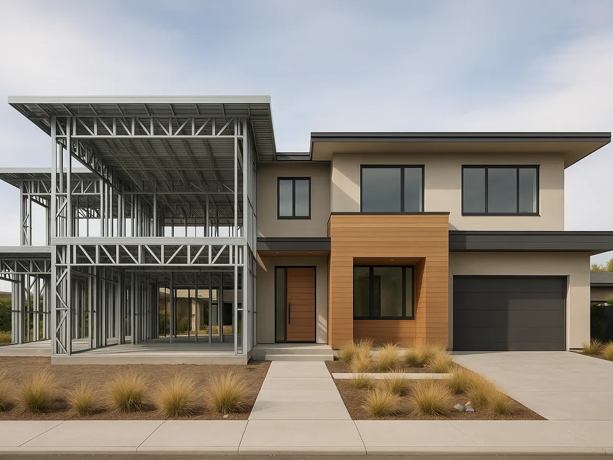 Two-storey house shown part steel-framed and part finished
