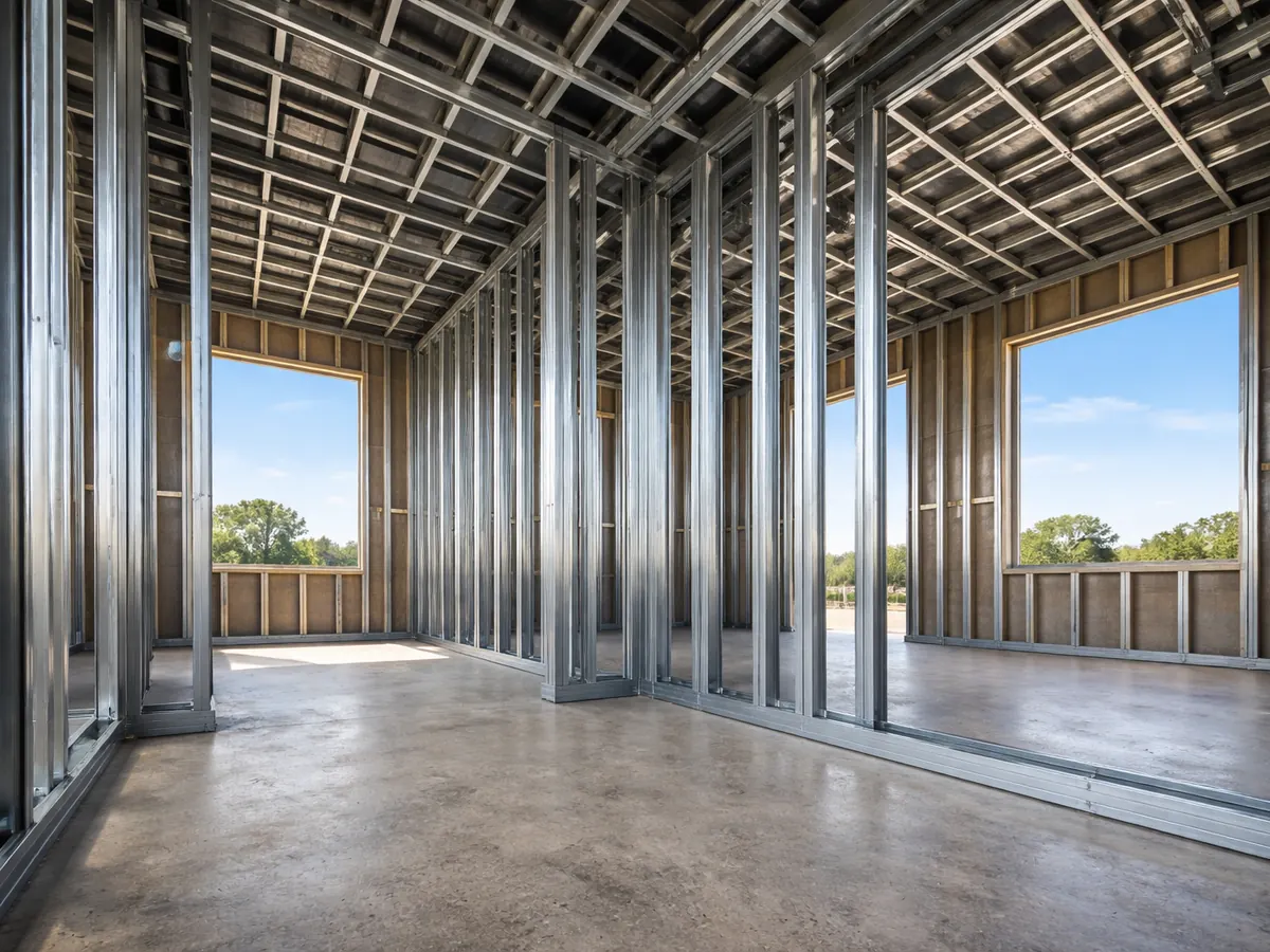 Steel wall studs and ceiling joists inside a framed building