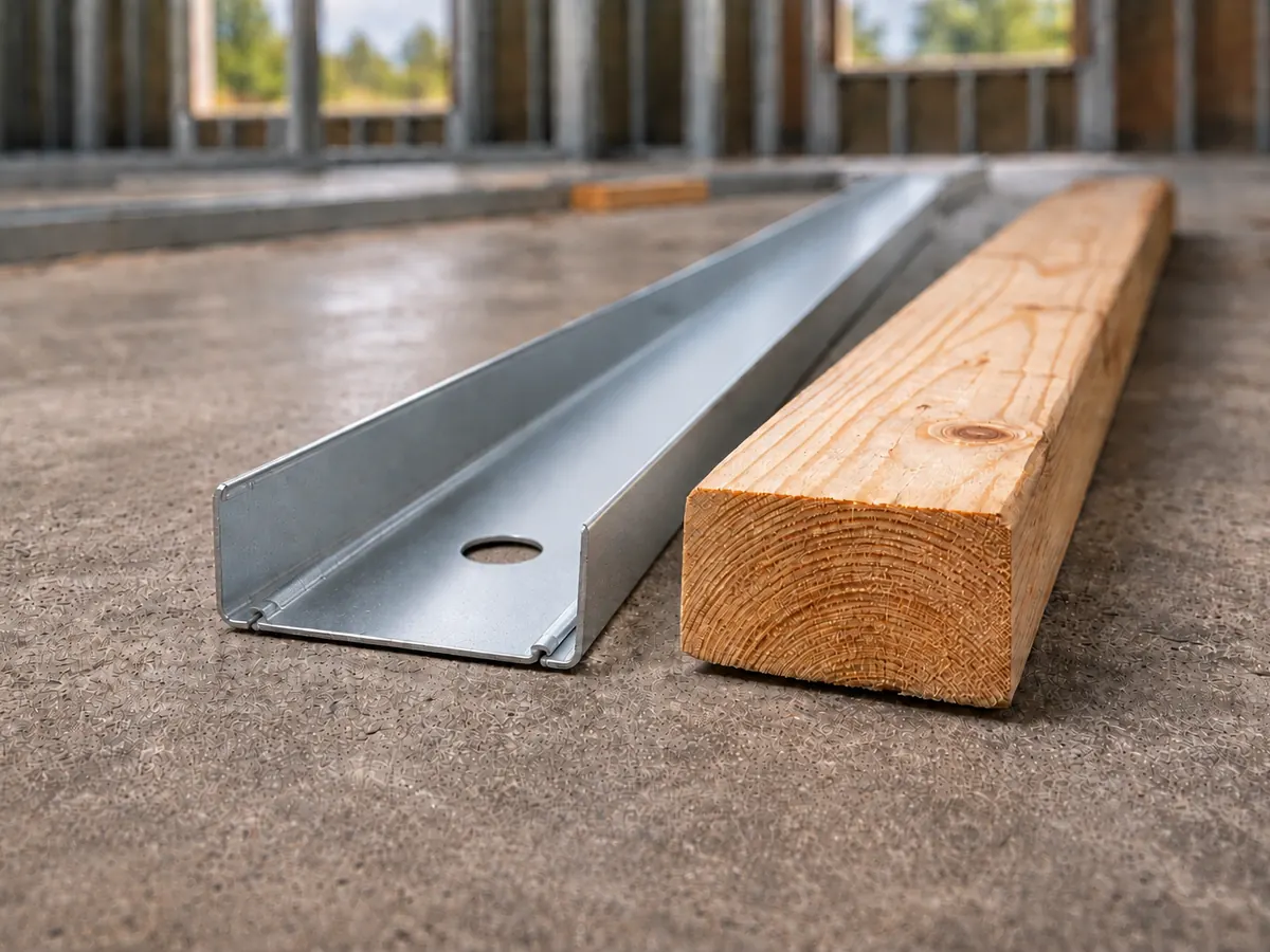 Straight roll-formed steel track beside a timber stud